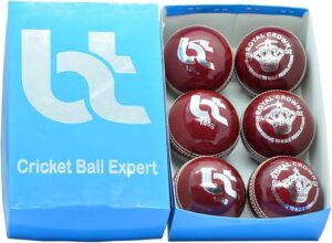 BT Red Cricket Ball - Pack of 6 Genuine Leather Cricket Balls for International Standard Cricket and Practice | Bat-Friendly Hard Cricket Ball Made from Sustainable Sources | 156g.
